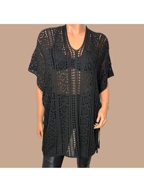 Black Sheer Lace Open Knit Tunic M/ L Side Cinch Y2K WimsiGoth Weightless drama